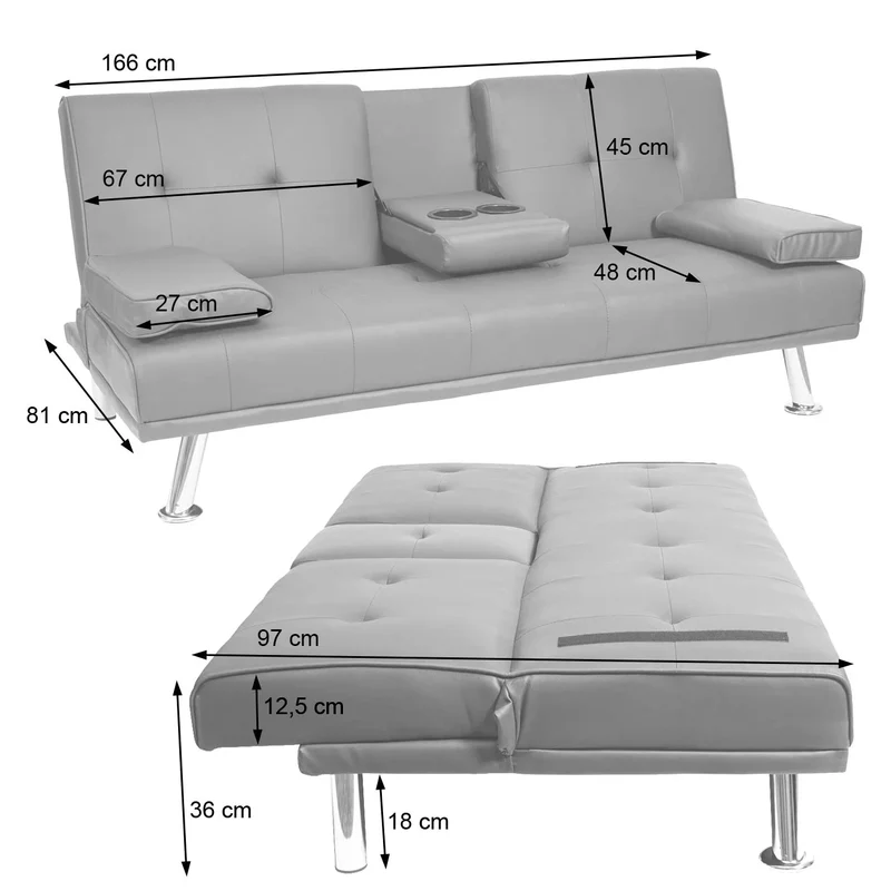 Canapé 3 places convertible avec porte-gobelets rabattables dossier réglable 166 x 97 cm similicuir marron 04_0010967