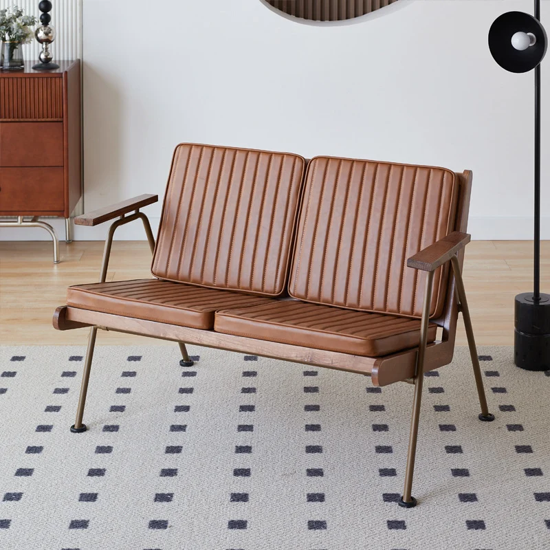 Contemporary Industrial Rectangular Iron Ash Wood Faux Oil Wax Leather Sponge Accent Chair Backrest Armrest For Living Room
