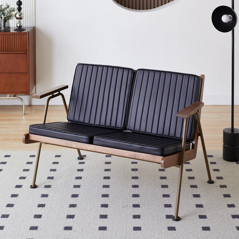 Contemporary Industrial Rectangular Iron Ash Wood Faux Oil Wax Leather Sponge Accent Chair Backrest Armrest For Living Room