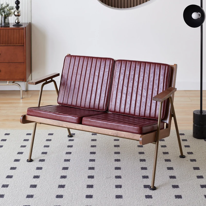 Contemporary Industrial Rectangular Iron Ash Wood Faux Oil Wax Leather Sponge Accent Chair Backrest Armrest For Living Room