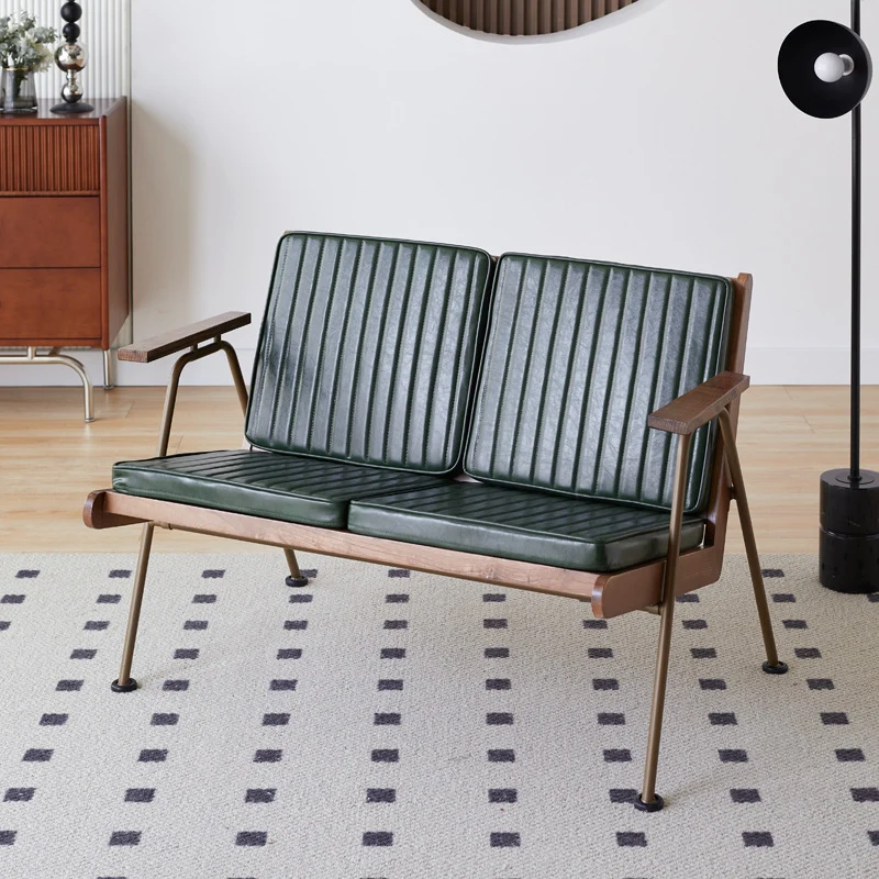 Contemporary Industrial Rectangular Iron Ash Wood Faux Oil Wax Leather Sponge Accent Chair Backrest Armrest For Living Room