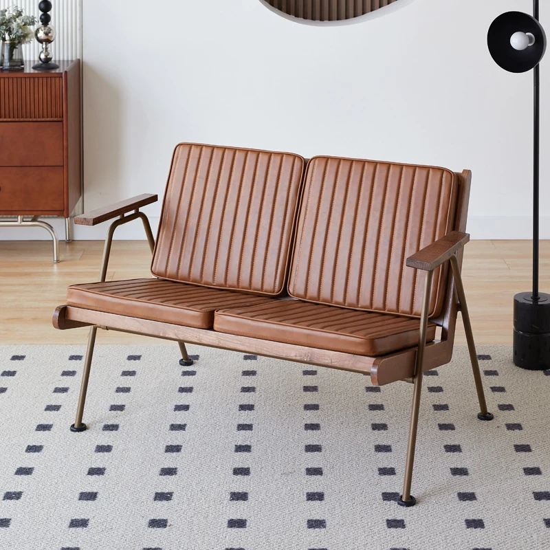 Contemporary Industrial Rectangular Iron Ash Wood Faux Oil Wax Leather Sponge Accent Chair Backrest Armrest For Living Room