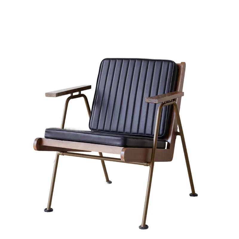 Contemporary Industrial Rectangular Iron Ash Wood Faux Oil Wax Leather Sponge Accent Chair Backrest Armrest For Living Room
