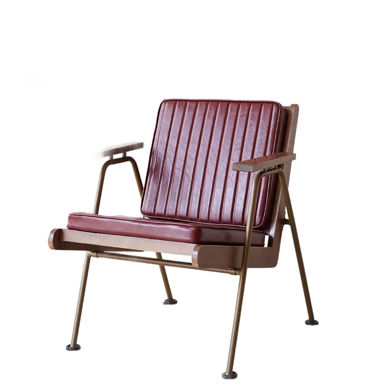 Contemporary Industrial Rectangular Iron Ash Wood Faux Oil Wax Leather Sponge Accent Chair Backrest Armrest For Living Room