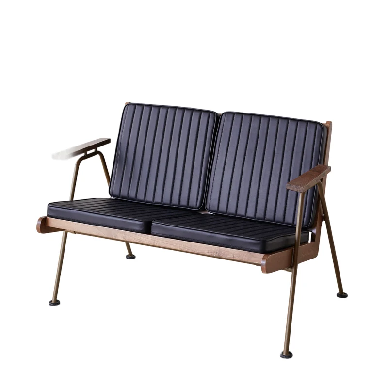 Contemporary Industrial Rectangular Iron Ash Wood Faux Oil Wax Leather Sponge Accent Chair Backrest Armrest For Living Room