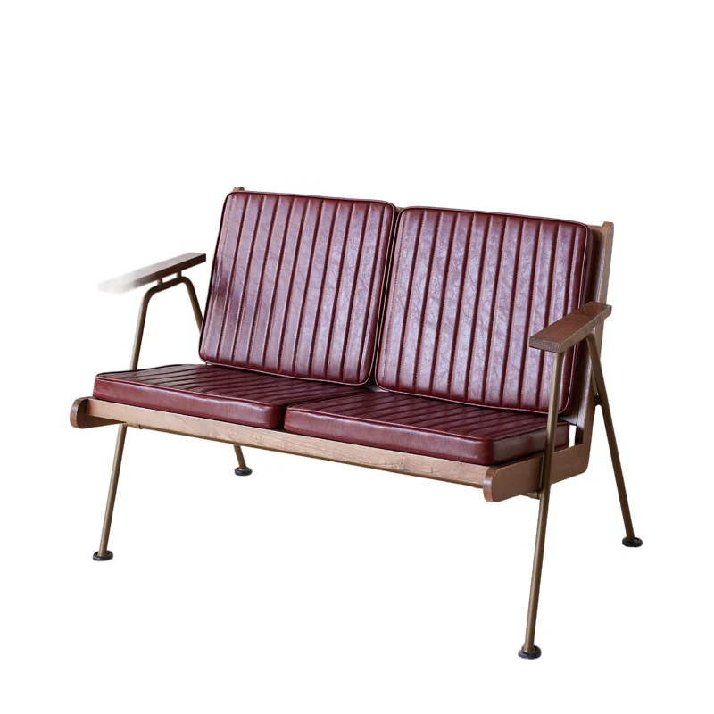Contemporary Industrial Rectangular Iron Ash Wood Faux Oil Wax Leather Sponge Accent Chair Backrest Armrest For Living Room