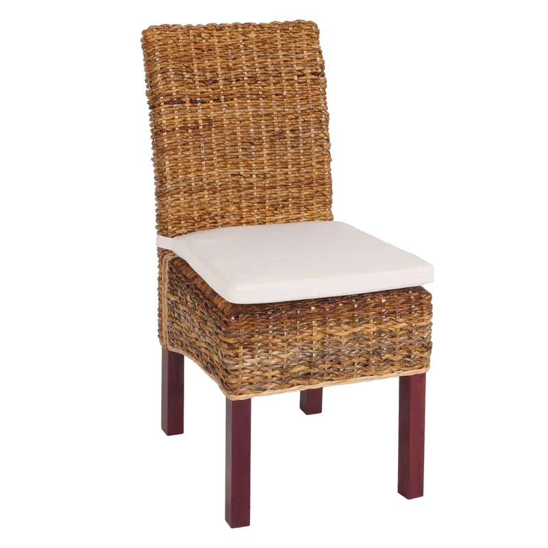 Lot de 2 chaises de salle à manger en tressage de feuilles de bananier pieds en acajou avec coussins 04_0011571