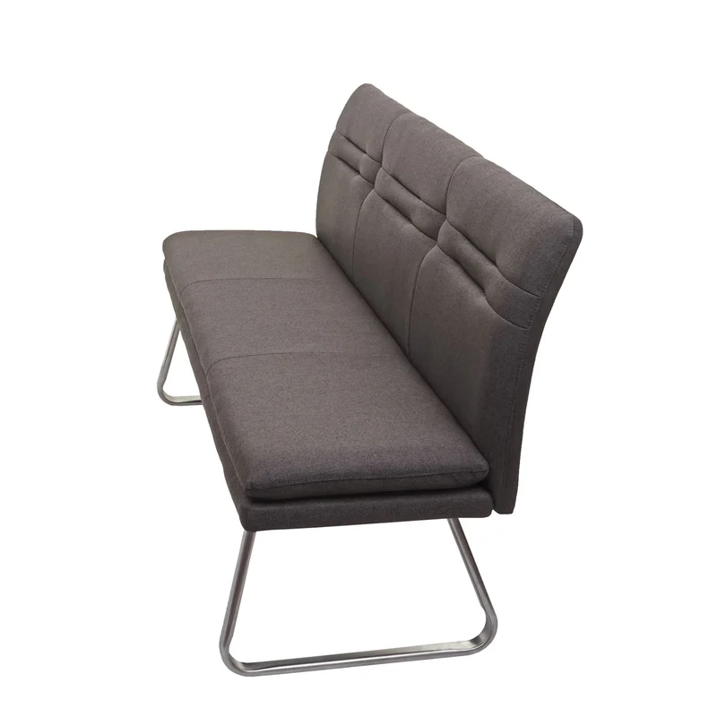 Banc de salle à manger rembourré avec dossier tissu gris-brun et pieds en acier inoxydable brossé 04_0010903