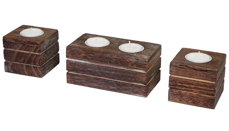 Lot de 4 photophores porte-bougies chauffe-plat en bois massif style shabby chic vintage brun 04_0011384