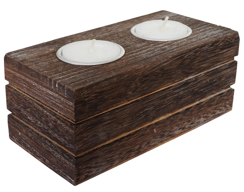 Lot de 4 photophores porte-bougies chauffe-plat en bois massif style shabby chic vintage brun 04_0011384