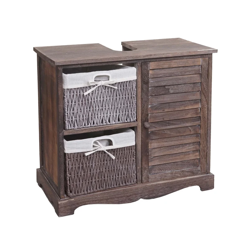 Meuble sous lavabo salle de bain en bois massif marron vieilli avec paniers de rangement 60 x 65 x 31 cm 04_0010634
