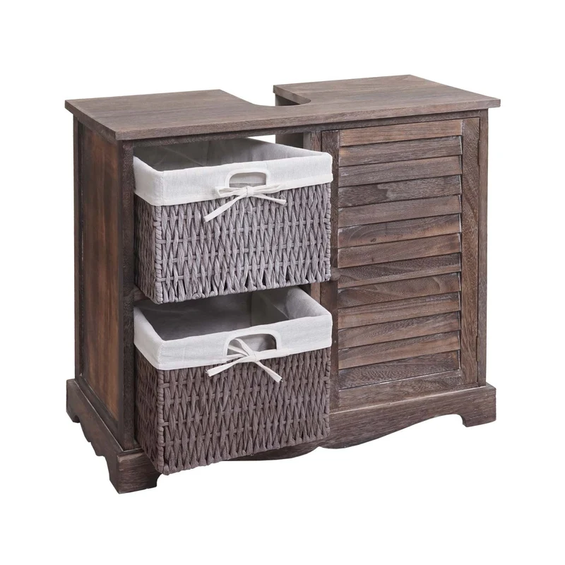 Meuble sous lavabo salle de bain en bois massif marron vieilli avec paniers de rangement 60 x 65 x 31 cm 04_0010634