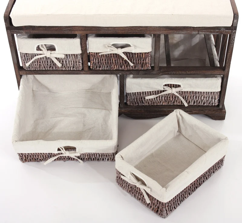 Commode banc de rangement shabby chic avec coussin et 5 tiroirs bois massif marron 45 x 77 x 36 cm 04_0011442