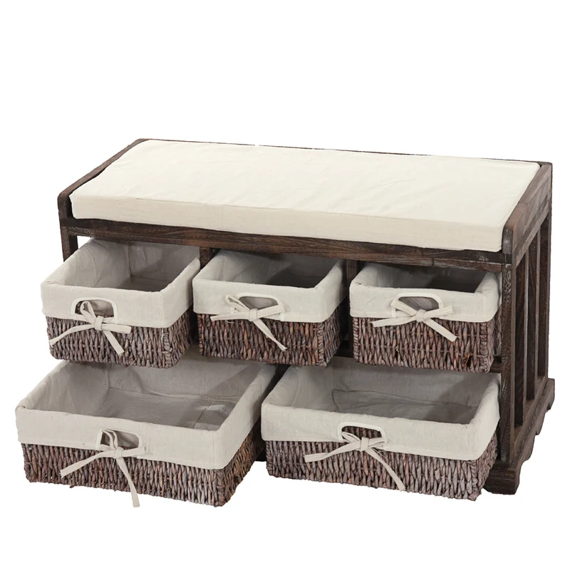 Commode banc de rangement shabby chic avec coussin et 5 tiroirs bois massif marron 45 x 77 x 36 cm 04_0011442