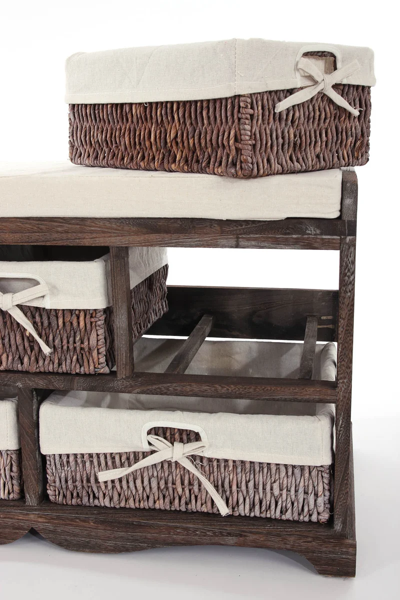 Commode banc de rangement shabby chic avec coussin et 5 tiroirs bois massif marron 45 x 77 x 36 cm 04_0011442