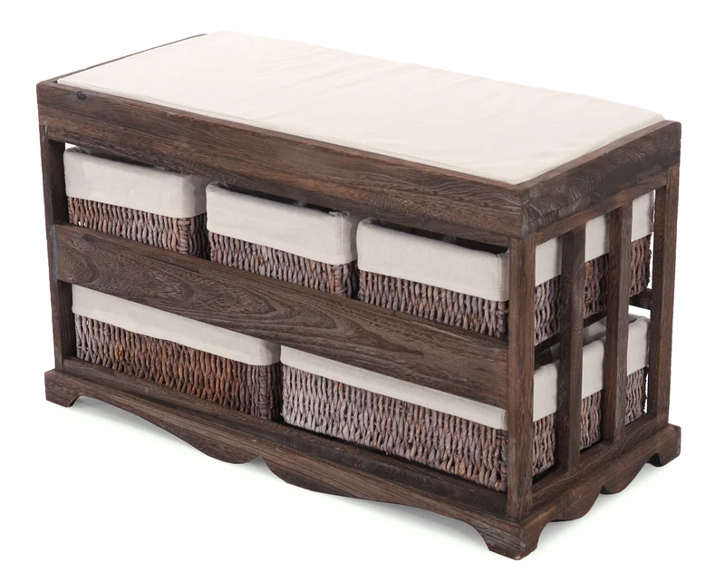 Commode banc de rangement shabby chic avec coussin et 5 tiroirs bois massif marron 45 x 77 x 36 cm 04_0011442