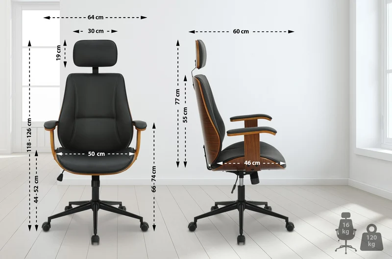 Fauteuil de bureau ergonomique et design avec appuie-tête et accoudoirs en bois marron et similicuir noir BUR10705