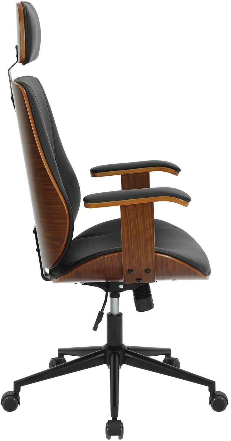 Fauteuil de bureau ergonomique et design avec appuie-tête et accoudoirs en bois marron et similicuir noir BUR10705