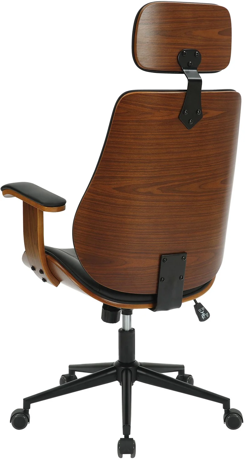 Fauteuil de bureau ergonomique et design avec appuie-tête et accoudoirs en bois marron et similicuir noir BUR10705