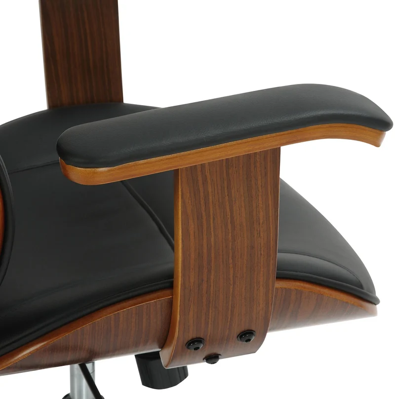 Fauteuil de bureau ergonomique et design avec appuie-tête et accoudoirs en bois marron et similicuir noir BUR10705