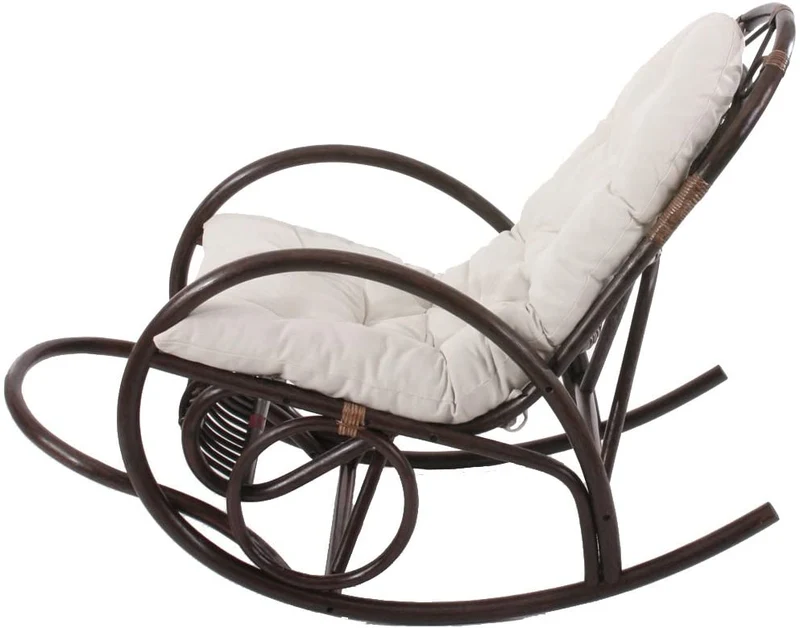 Fauteuil chaise à bascule rocking chair relaxation design rustique en rotin marron coussin blanc 04_0002050