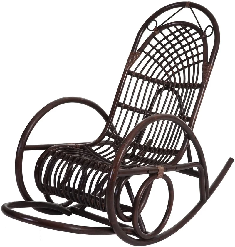 Fauteuil chaise à bascule rocking chair relaxation design rustique en rotin marron coussin blanc 04_0002050