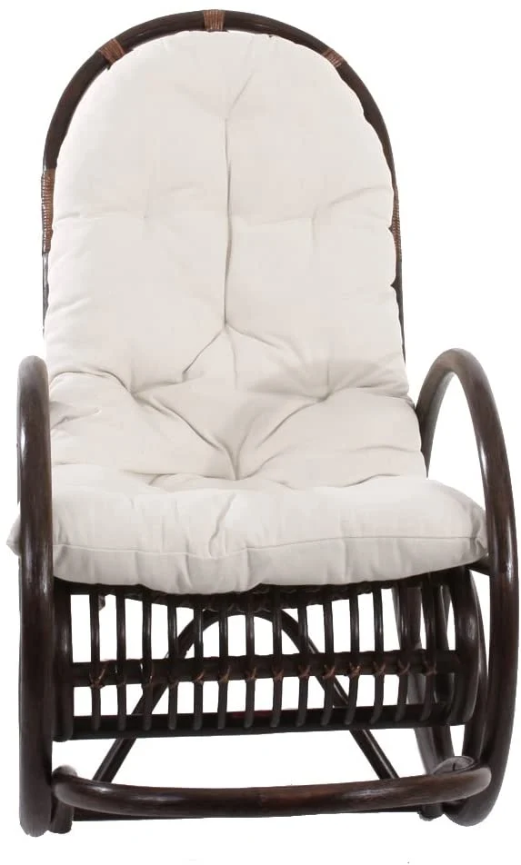 Fauteuil chaise à bascule rocking chair relaxation design rustique en rotin marron coussin blanc 04_0002050