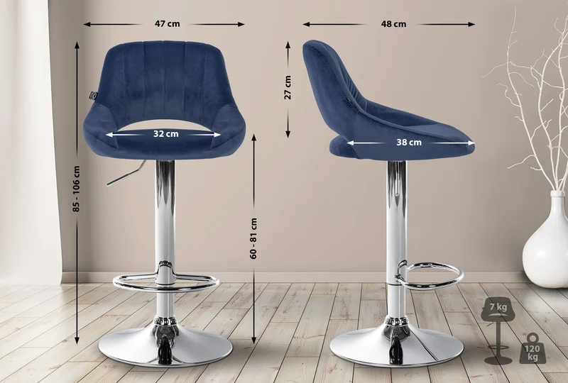 Tabouret de bar x1 avec repose-pieds pivotant et réglable en velours bleu et métal 10_0005214