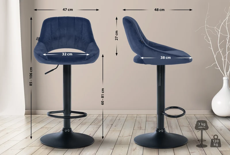 Tabouret de bar x1 réglable en hauteur en tissu bleu dossier ajouré et pied métal noir 10_0005734