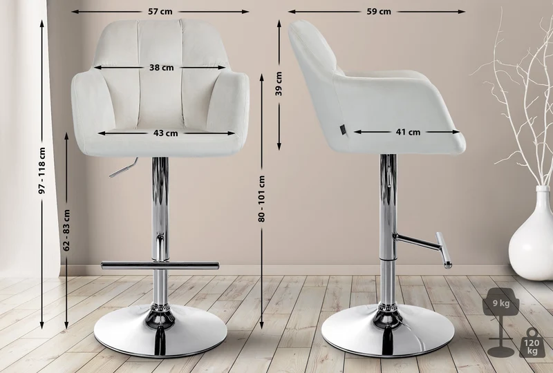 Tabouret de bar chaise haute x1 fonction rotation 360° en velours crème avec coutures décoratives piètement métal chromé 10_0005264