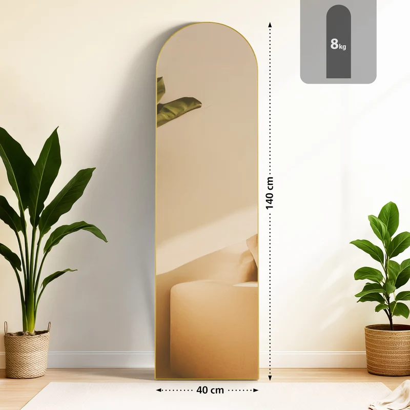 Miroir sur pied ou mural 140 × 40 cm cadre fin design élégant cadre métal doré brillant 140x40 cm Verre or brillant 10_0008439