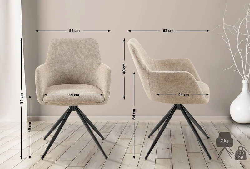 Chaise de salle à manger x1 pivotante rembourrée avec accoudoirs en tissu taupe cadre métal 10_0007173