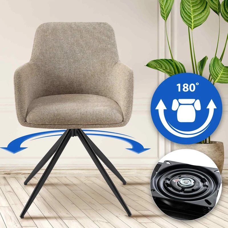 Chaise de salle à manger x1 pivotante rembourrée avec accoudoirs en tissu taupe cadre métal 10_0007173