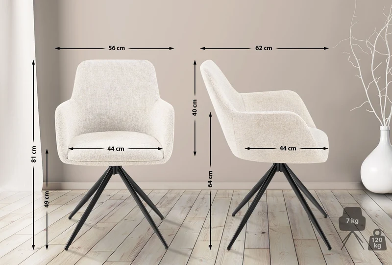 Chaise de salle à manger x1 pivotante rembourrée avec accoudoirs en tissu crème cadre métal 10_0007170
