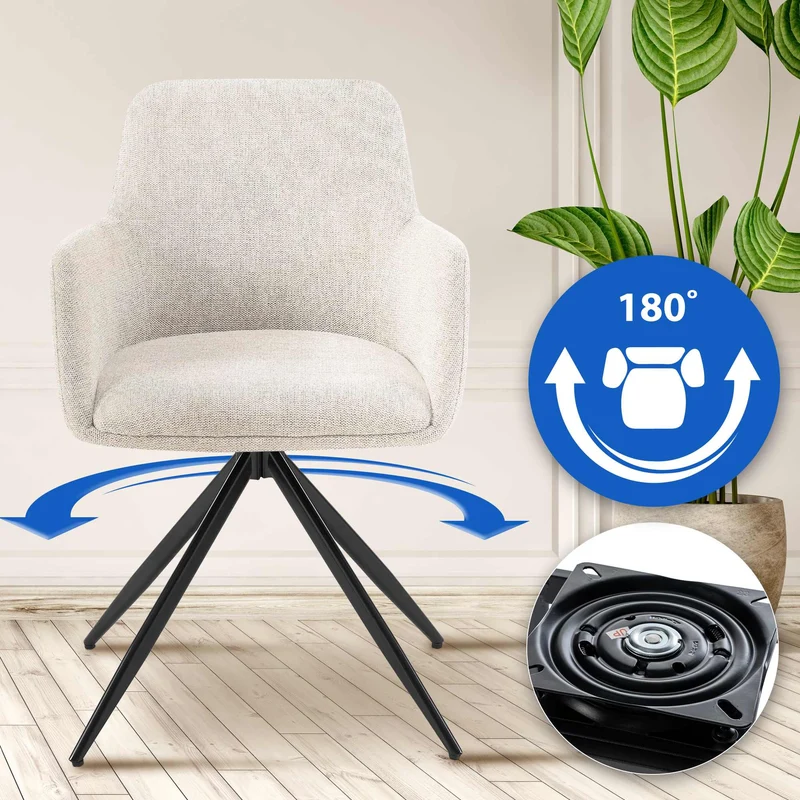 Chaise de salle à manger x1 pivotante rembourrée avec accoudoirs en tissu crème cadre métal 10_0007170
