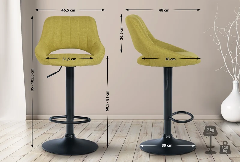 Lot de 2 tabourets de bar réglables en tissu vert dossier ajouré et pied métal noir 10_0006540