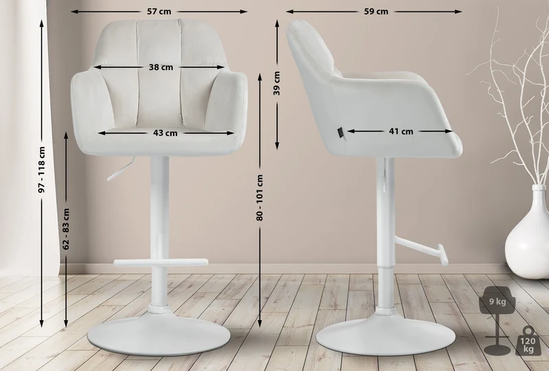 Tabouret de bar chaise haute x1 fonction rotation 360° en velours crème avec coutures décoratives piètement métal blanc 10_0006512