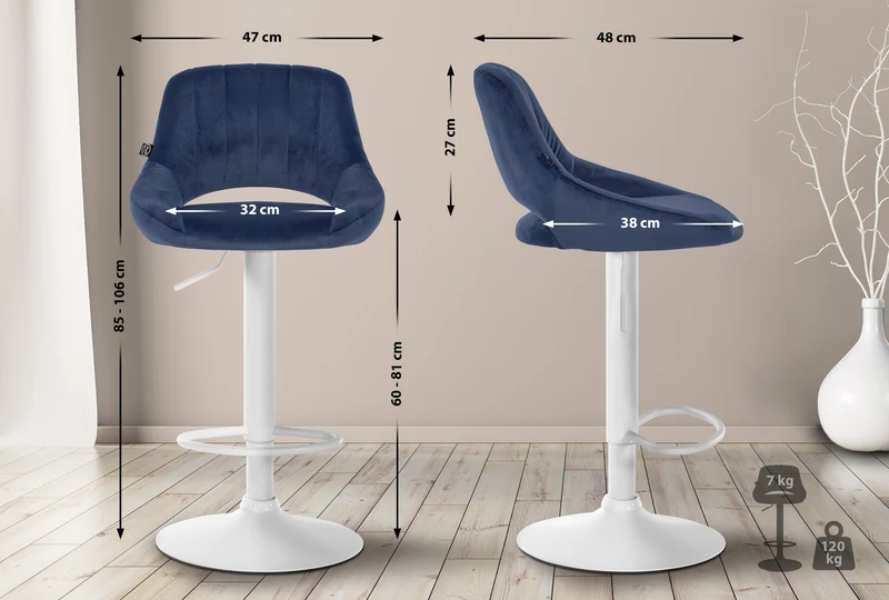 Lot de 2 tabourets de bar réglables en velours bleu dossier ajouré et pied métal blanc 10_0006119