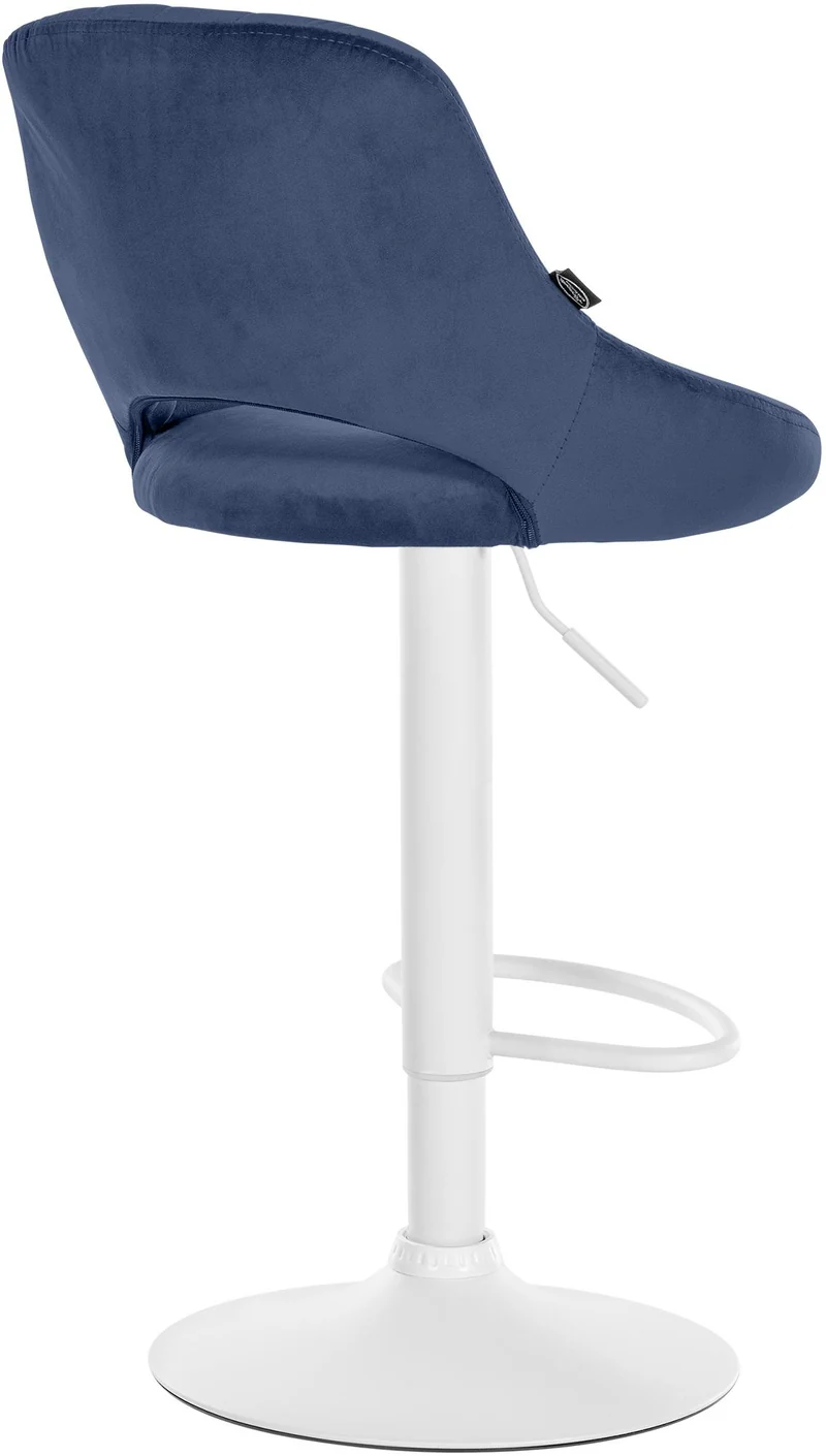 Tabouret de bar x1 réglable en hauteur en velours bleu dossier ajouré et pied métal blanc 10_0005729