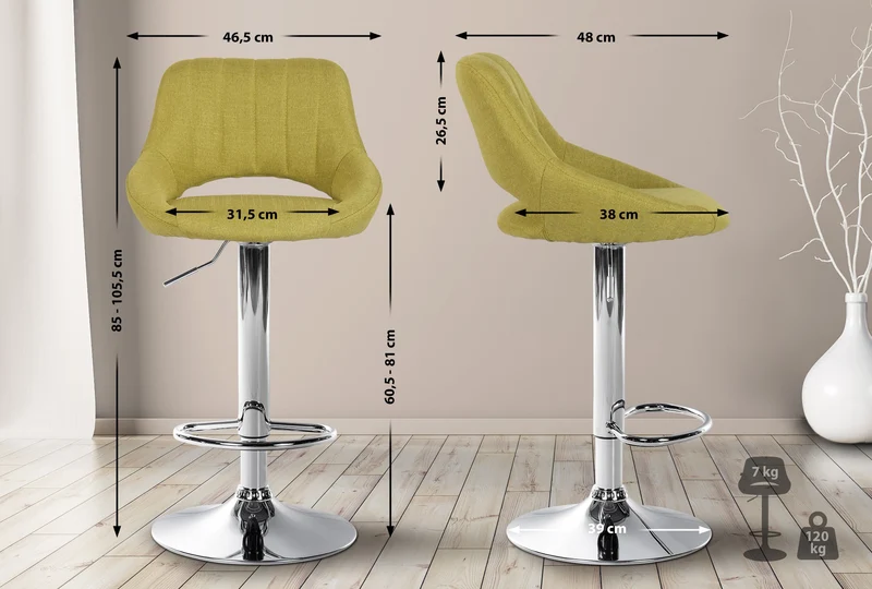 Lot de 2 tabourets de bar avec repose-pieds pivotant et réglable en tissu vert et métal TDB10814