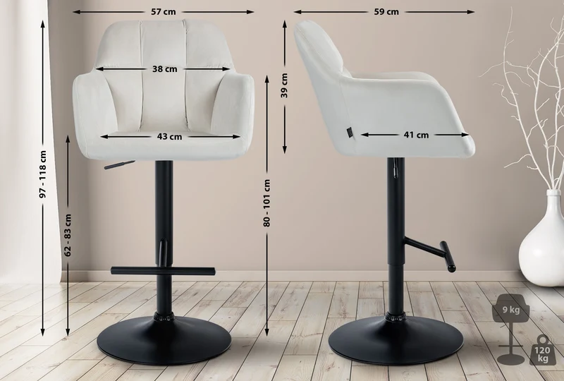 Tabouret de bar chaise haute x1 fonction rotation 360° en velours crème avec coutures décoratives piètement métal noir 10_0005268