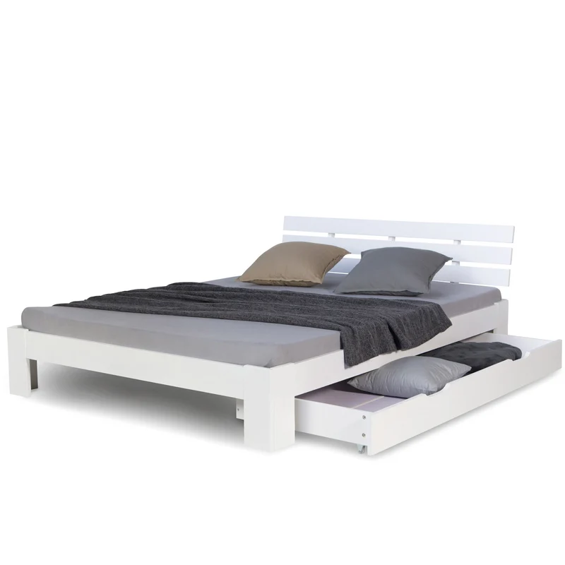 Lit double 140x200 cm avec tiroir de rangement et sommier à lattes cadre en bois de pin blanc LIT06225