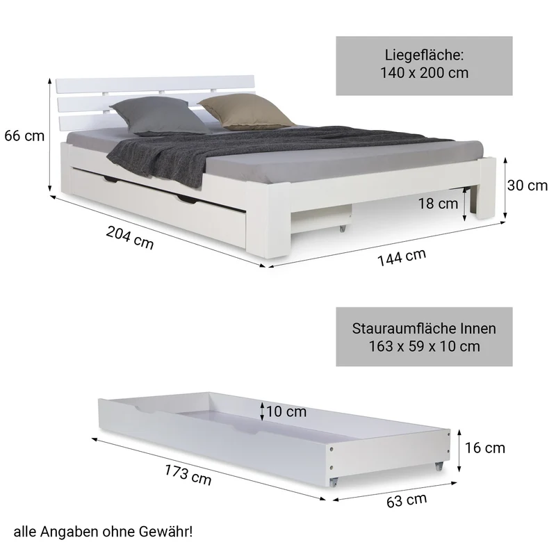 Lit double 140x200 cm avec tiroir de rangement et sommier à lattes cadre en bois de pin blanc LIT06225