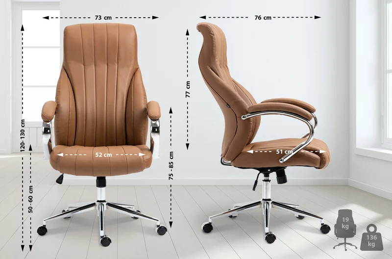 Fauteuil de bureau avec accoudoirs avec surpiqûre verticale en véritable marron clair gris cadre en métal chromé 10_0007024