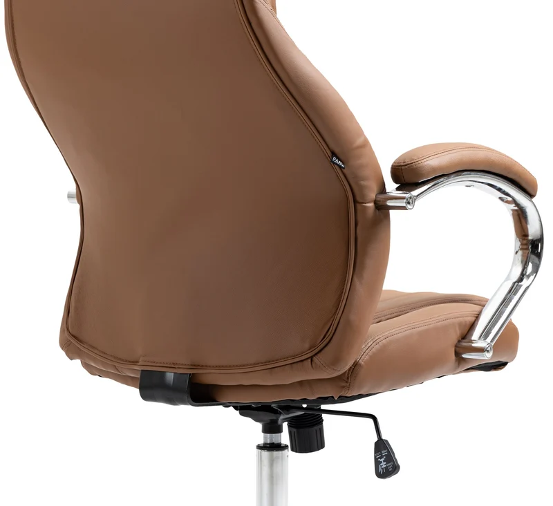 Fauteuil de bureau avec accoudoirs avec surpiqûre verticale en véritable marron clair gris cadre en métal chromé 10_0007024