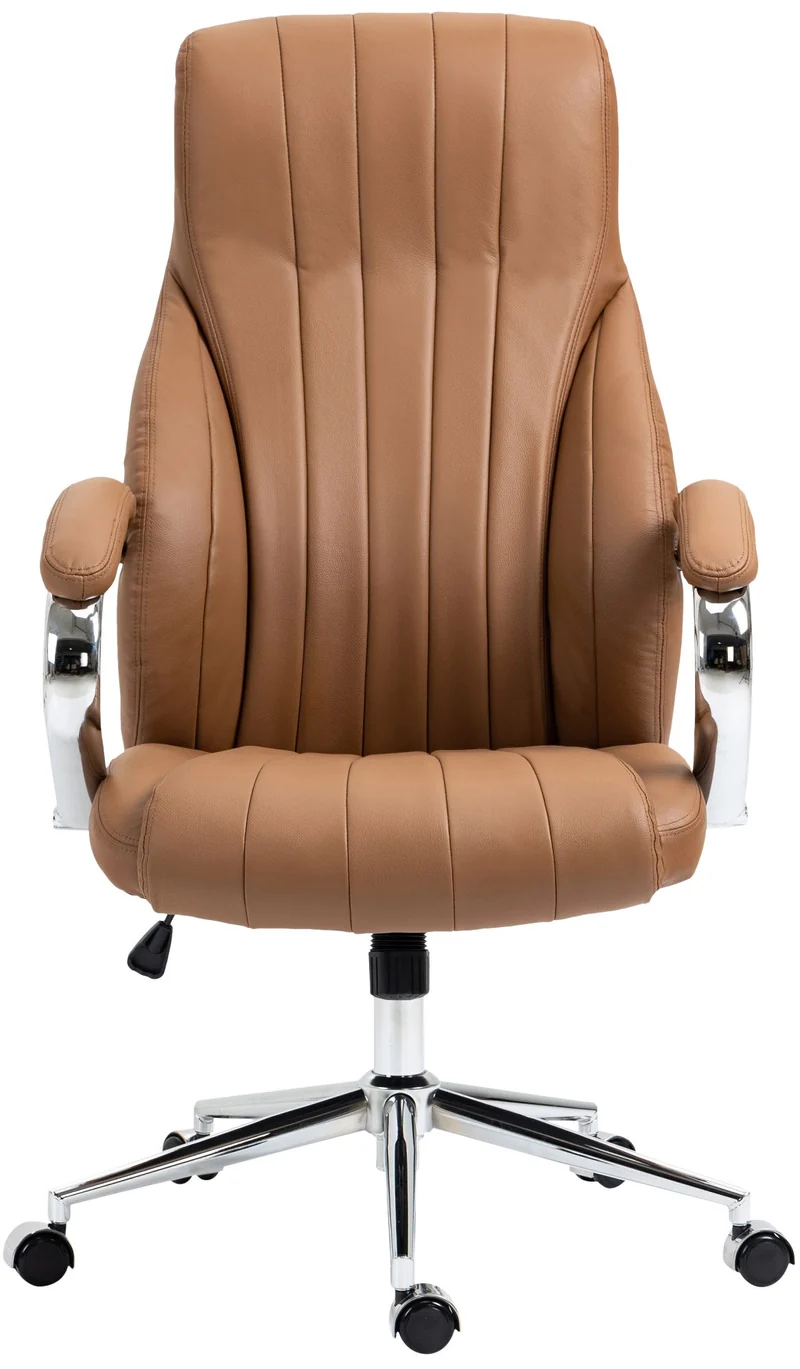 Fauteuil de bureau avec accoudoirs avec surpiqûre verticale en véritable marron clair gris cadre en métal chromé 10_0007024