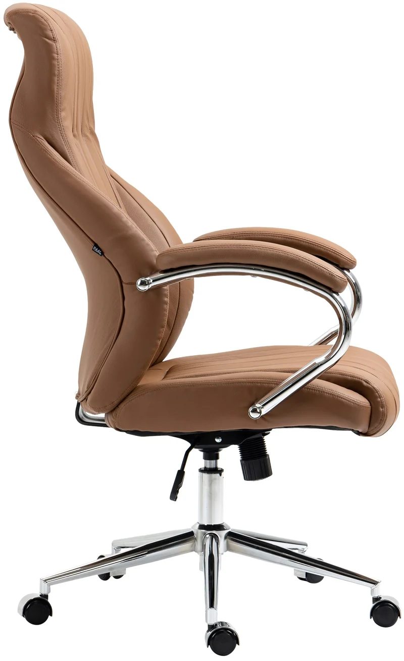 Fauteuil de bureau avec accoudoirs avec surpiqûre verticale en véritable marron clair gris cadre en métal chromé 10_0007024