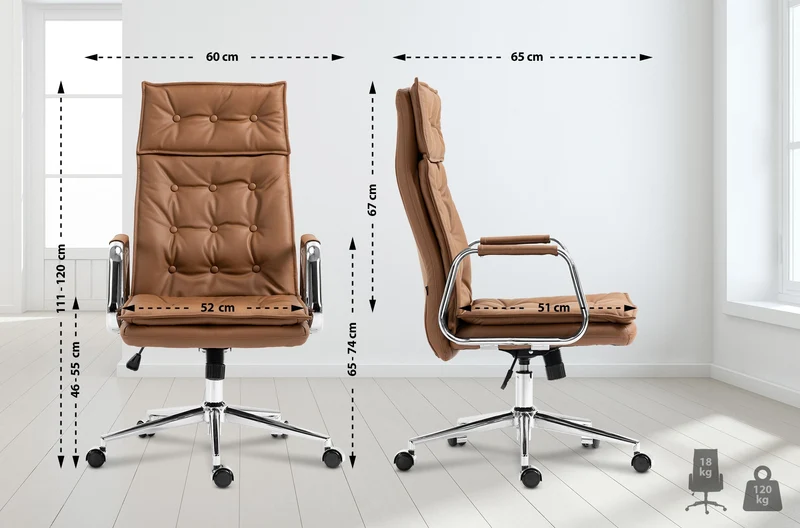 Fauteuil de bureau capitonné rembourrage épais en véritable cuir marron clair et pieds métal chromé 10_0007004