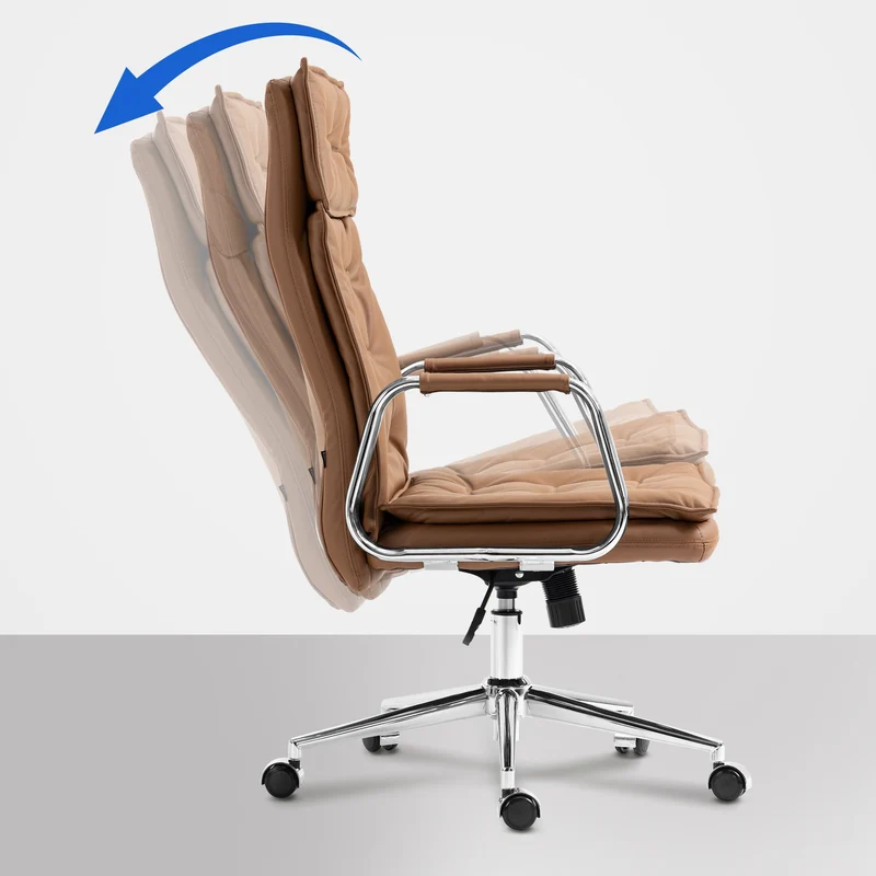 Fauteuil de bureau capitonné rembourrage épais en véritable cuir marron clair et pieds métal chromé 10_0007004