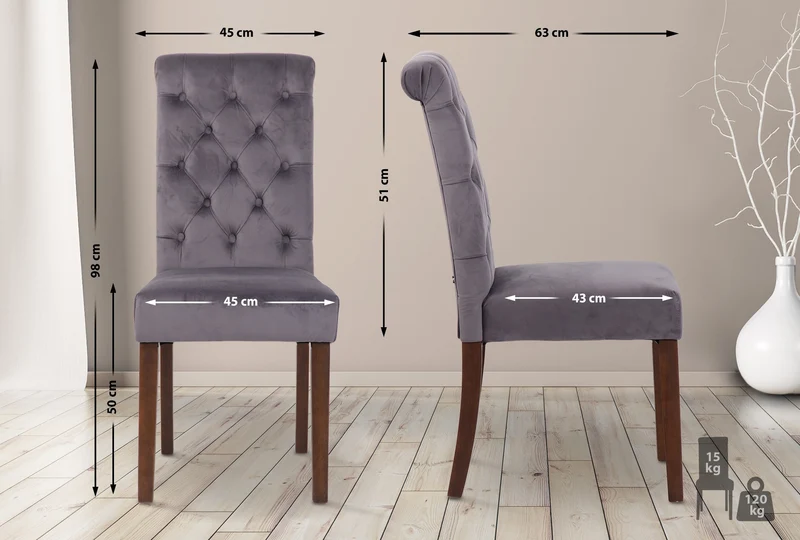 Chaise de salle à manger x1 dossier capitonné en velours gris foncé pieds en bois marron 10_0002047